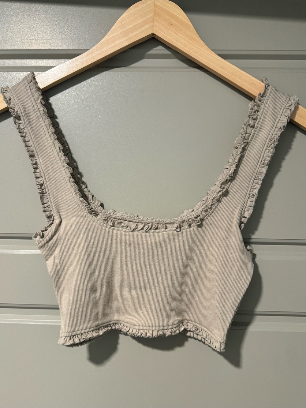 Zara Ribbed Ruffle-Trim Crop Top - Taupe - Picture 3 of 3